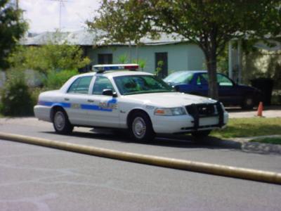 81. police car and full fire hose on ground