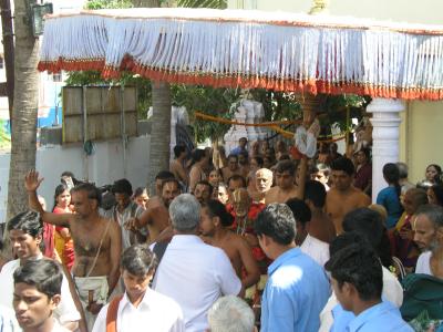 procession back to Ashramam amidst fireworks