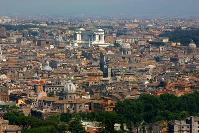 View of Rome from the top of St. Peter's Basilica in Vatican City.