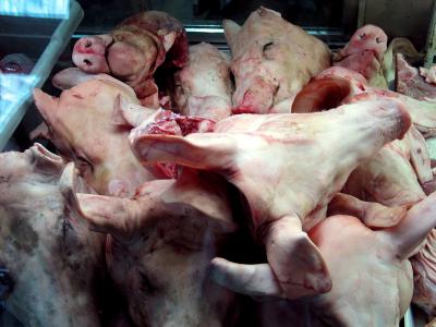 butchered pigs' heads