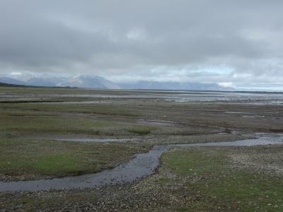 Rocky coast with mountains and lighthouse