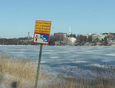 Warning sign at the bay, Helsinki, Finland