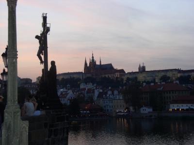 Icons and symbols on Charles Bridge across to the Lesser Town