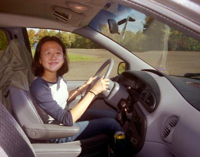 Caroline's first attempt at driving, Fredericton, Aug 1999