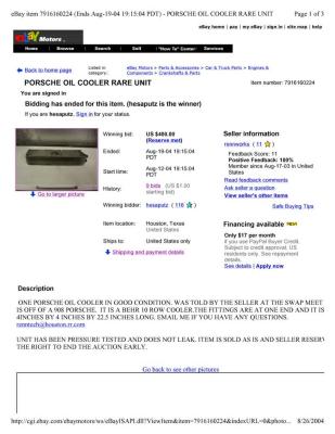 906 910 BEHR Porsche Oil Cooler - $400 eBay Aug04 - Photo 1