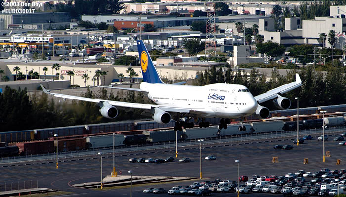 Lufthansa B747-430 D-ABVM on short final approach to runway 12 at Miami International Airport aviation stock photo