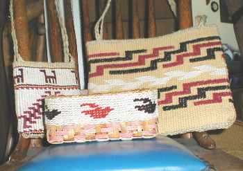 3 new creations. Large bag is Tlingit design done with false embroidery.