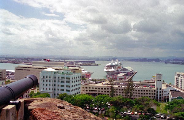 Cannon at Fort San Cristobal taking aim at a cruise ship in San Juan harbor