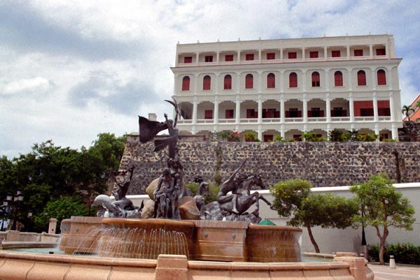 Fountain along the promenade at the base of the Fortaleza, San Juan