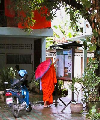 Novice monk checking schedule