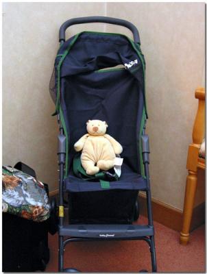 The stroller we took with us (in luggage!) with her special Germany bear/