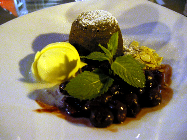 chocolate souffle, vanilla ice cream and cherries in wine sauce @Cyrano Etterm