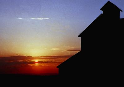 SD farmstead elevator at sunset