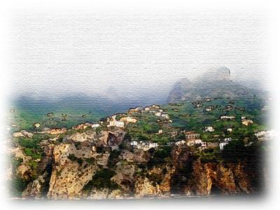 The Amalfi Coast as seen from a boat in the Tyrrhenian Sea.