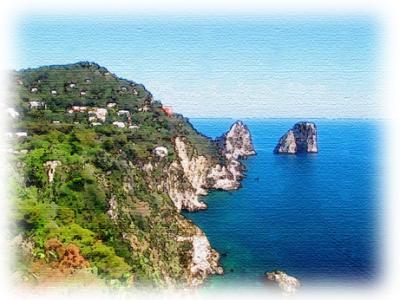 Southern coast of the island of Capri. The often photographed Faraglioni rocks are seen.