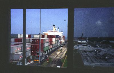 Container ship out the window
