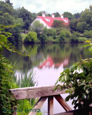 Wilde Lake Barn Reflection Bridge bZ -watercolor filter
