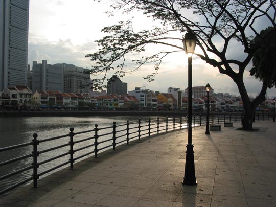 Boat Quay at Sunset across from The Fullerton Hotel in Singapore