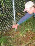 Paul pointing to space below fence