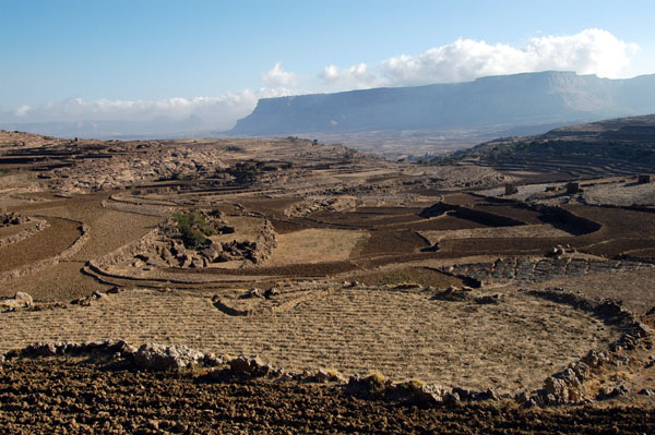 Terraced fields and the flat topped Jabal Kawkaban