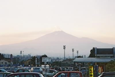 Our first view of Mt. Etna, the active volcano in Sicily, taken outside of the airport.