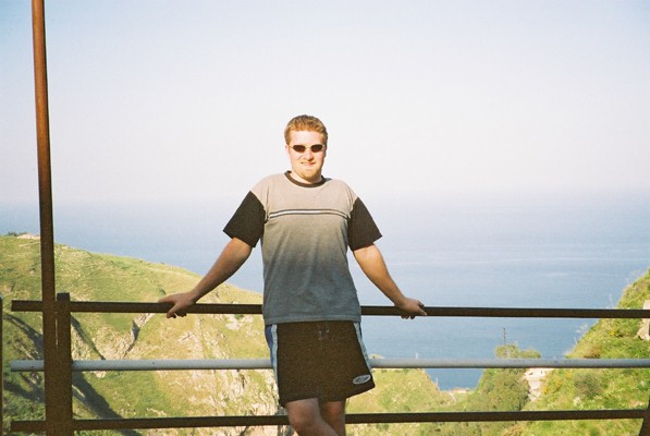 Clint and the sea in between Sicily and Italy.  We could just see Italy on the horizon.