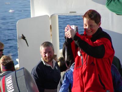 Anne giving Marc, up on the bow, a thumbs up