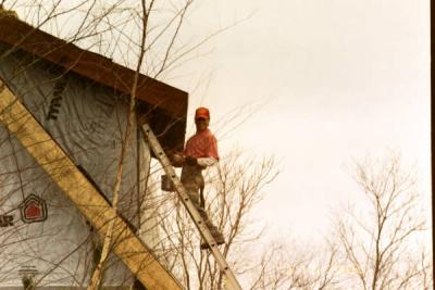 And there you have it - Gus staining the overhangs and rafters