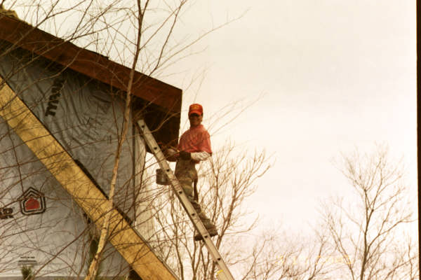 And there you have it - Gus staining the overhangs and rafters