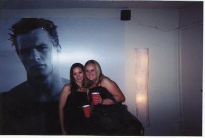 Tarina and Lindsy getting ready for the Chilis Xmas Party 2001.