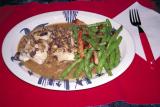 sea bass with wild mushroom sauce, beans with Canadian bacon and garlic