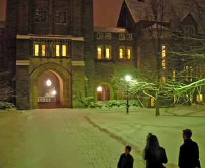 Myron Taylor Hall at night.