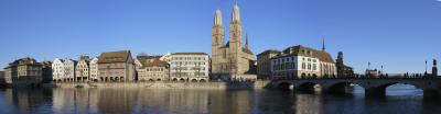 Zurich old town, right river front with Grossmuenster