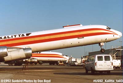 1992 - Kalitta DC8-63F N811CK sitting on tail due to improper loading aviation cargo airline stock photo #US92-tail3