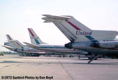 1973 United B727-222 N7635U, DC8-61 N8086U, B727 and DC-10 aviation stock photo