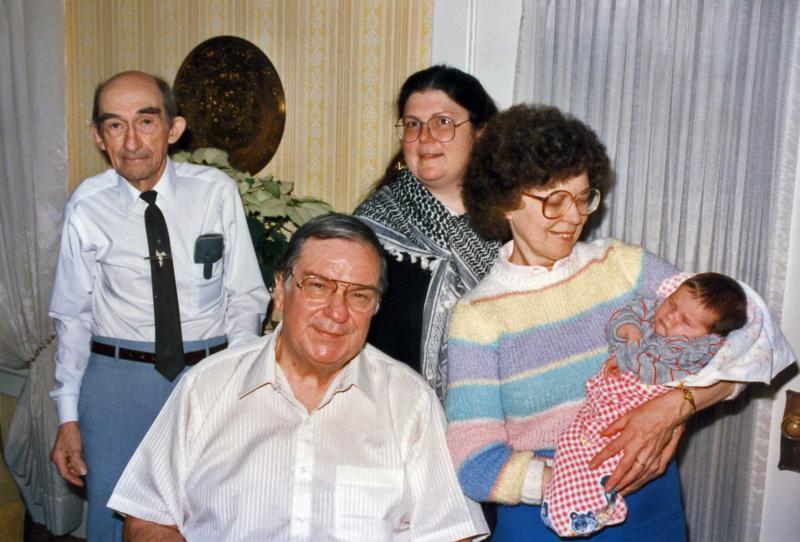 Baby Mackenzie - 4 Generations - 1988 Grandpa Lambert, Elizabeth the Mom, Bob, Sue with Mack