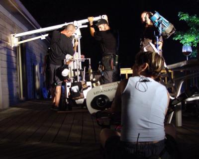 camera crew sets a night shot