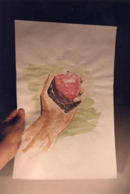 I later painted a painting of the picture of me holding the apple and then took a picture of me holding the painting. . .