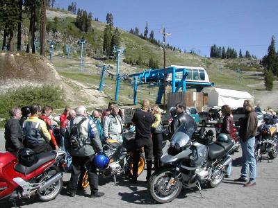 The demo ride group stops at the ski lift on Donner Pass