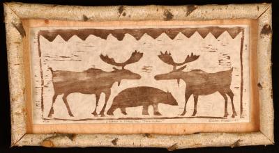 two moose and black bear (birch wood frame)