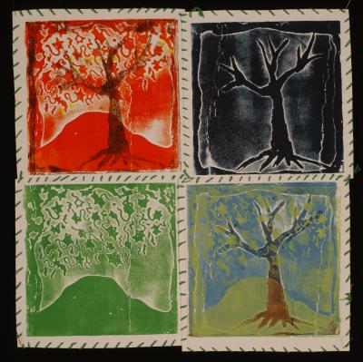 the tree of life sees many seasons (linoleum wax relief etching) 15.5 x 15.5