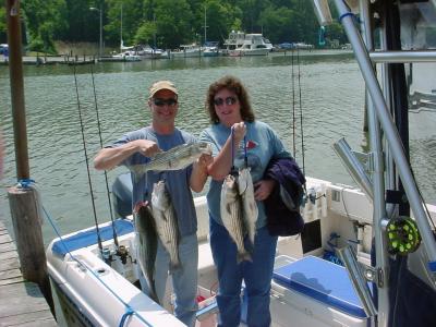 5/18/2005 Mike and Jen Wilkerson limited out on nice rock 20 - 25 chumming with light tackle