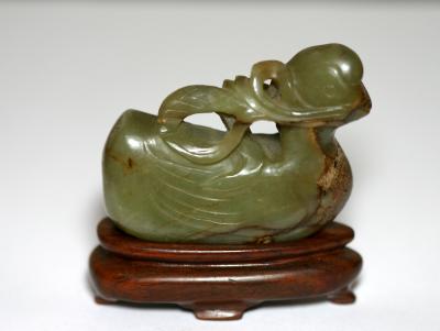 Chinese Calcified Jade - Swimming Duck, possibly Han Dynasty Period, 2 high without stand