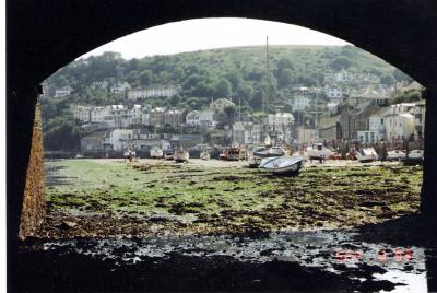 Arches of Looe bridge, Cornwall, at low tide, towards the sea