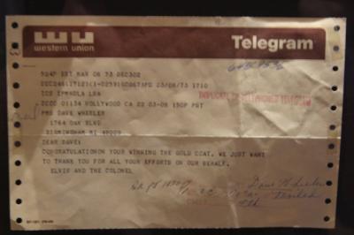 Telegram to the winner of a gold jacket of Elvis' won by a fan