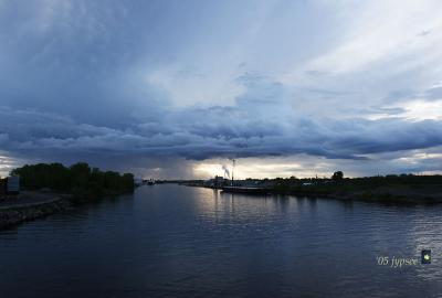 view of the Marinette skyline from the Mennekaunee Bridge