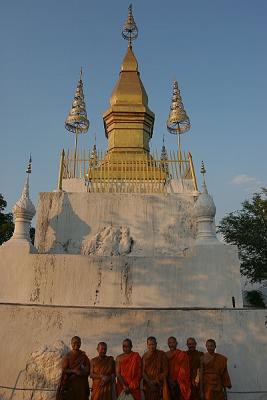 Monks at Phu Si (With Temple)