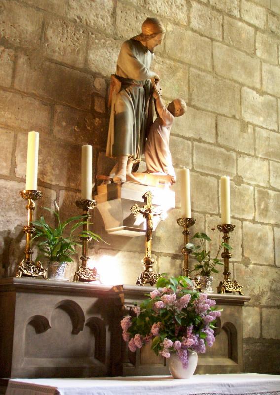 Statue and Lilacs at Side Altar at Notre Dame