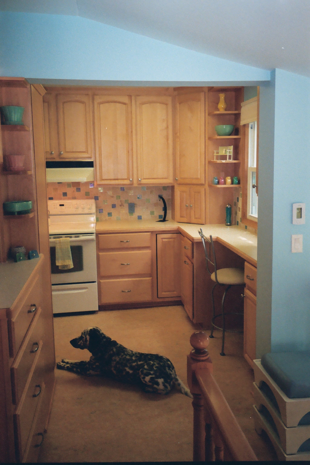 Standing in front of the utility cabinet, looking back at the main part of the kitchen.