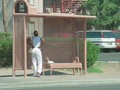 waiting in a relection at the bus stop in Arizona